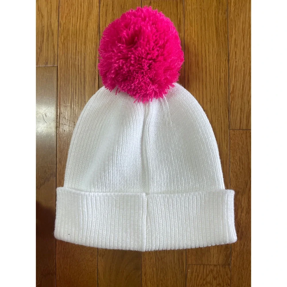 Mud Pie White Cheer Sequin Beanie Pink Pom Pom Ribbed Knit‎ Winter Hat NWT